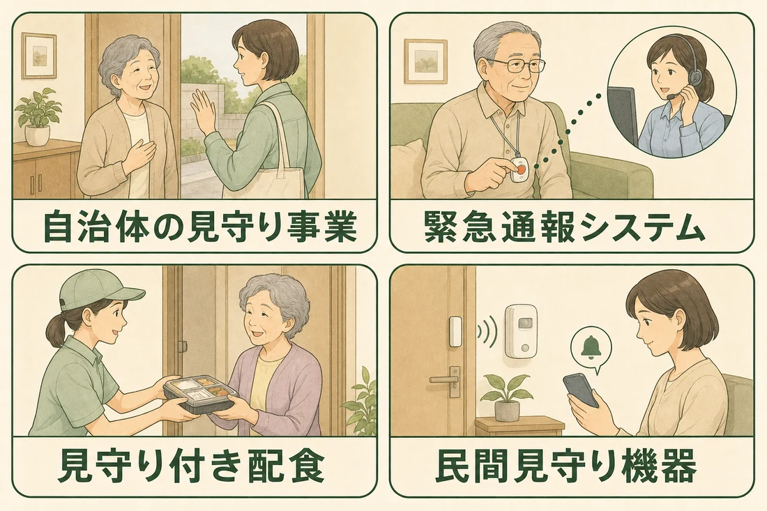 自治体の見守り事業、緊急通報システム、見守り付き配食、民間見守り機器の4分類を場面で示した図解
