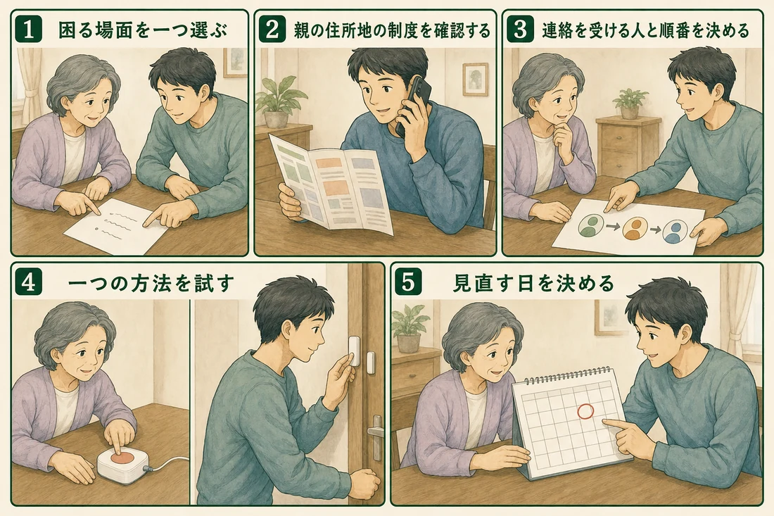 見守り方法を導入する5つの手順を親子の場面で示した図解