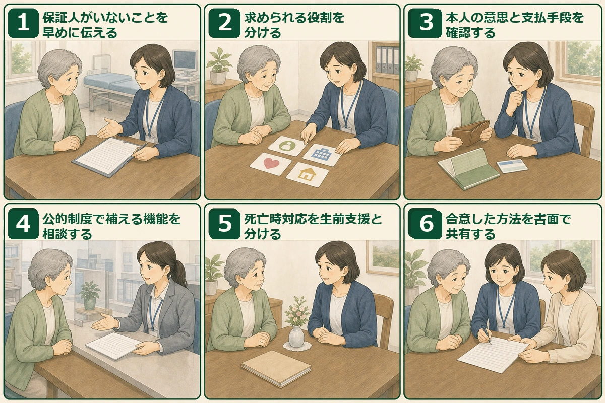 高齢者と支援者が病院への相談から書面共有までを六つの場面で進める図解