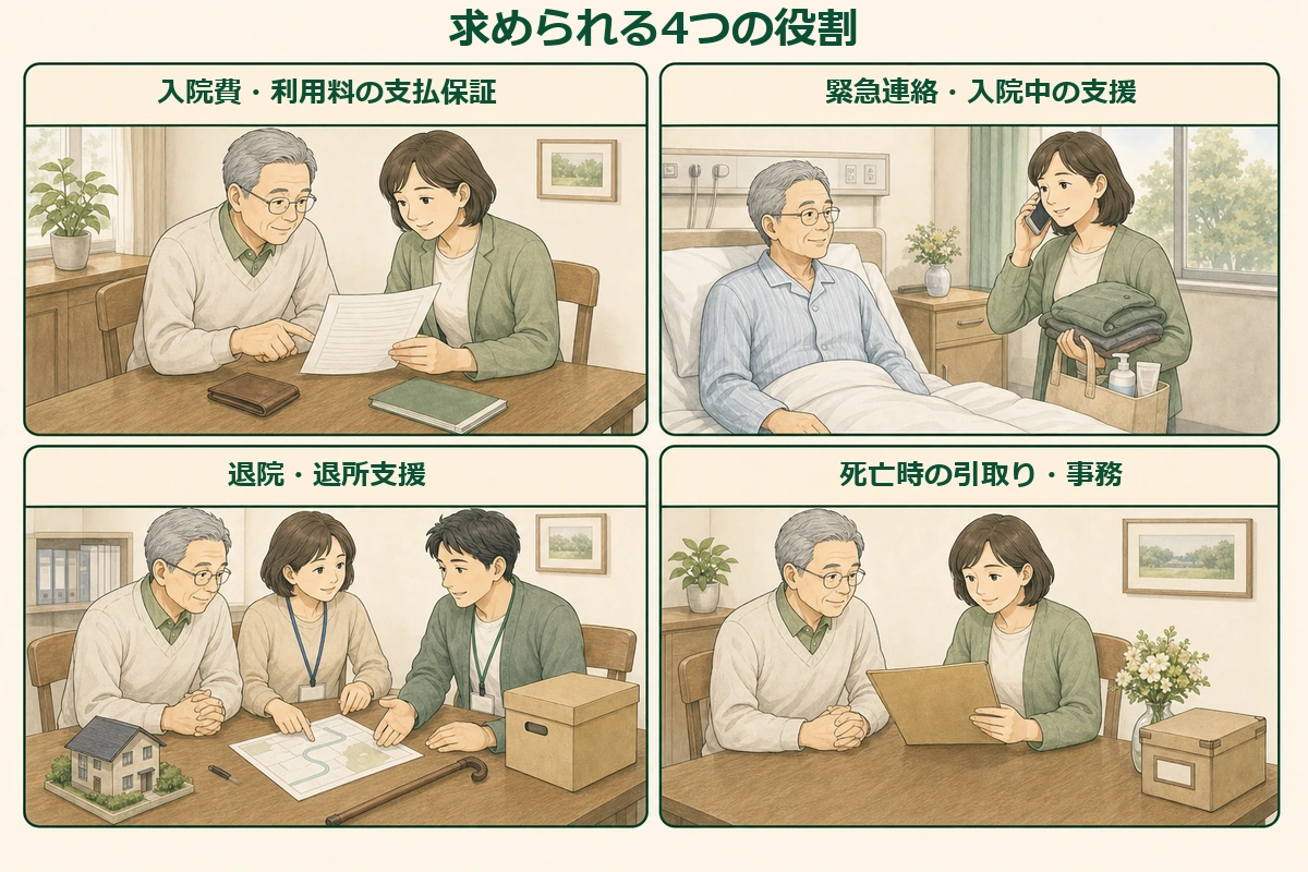 高齢者と支援者が支払い、緊急連絡、退院、死亡時の四つの役割を確認する図解