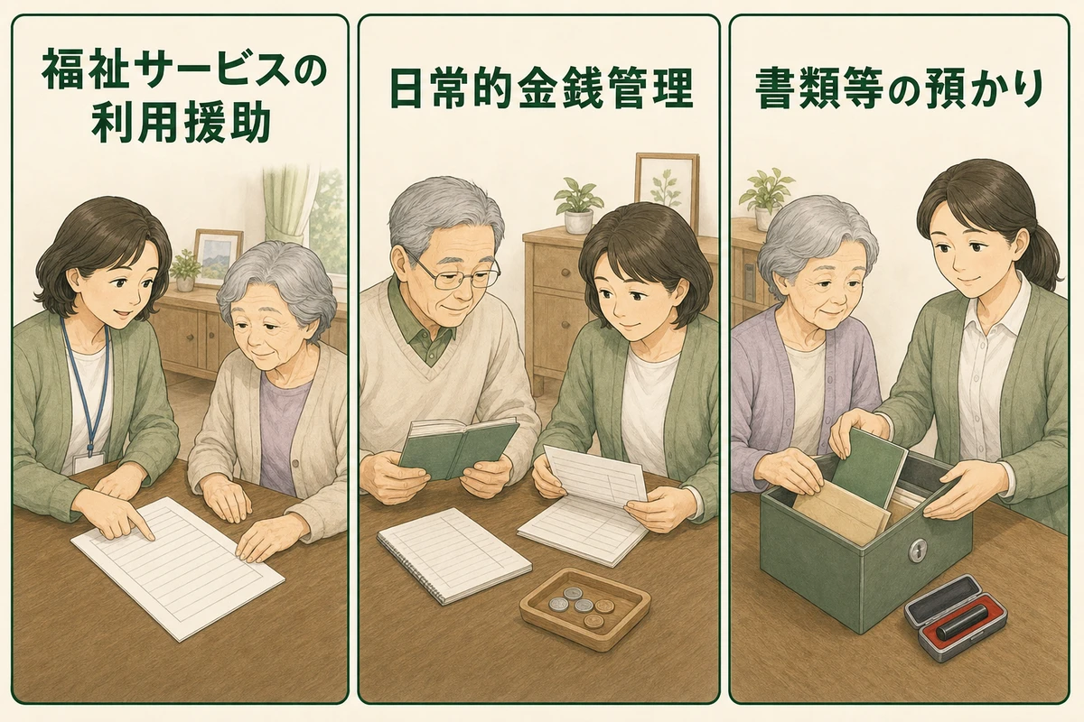福祉サービス、日常的金銭管理、書類預かりの三つの支援場面を示す図