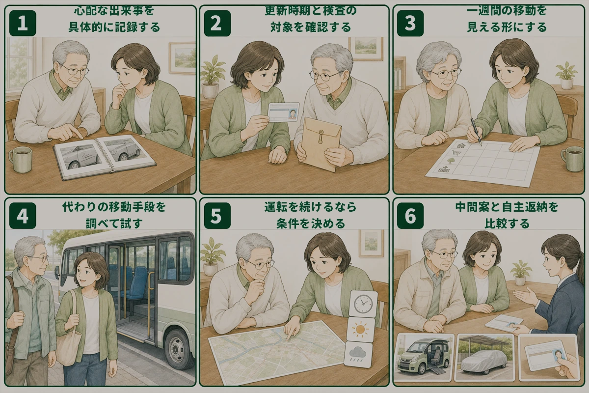 高齢の親と家族が心配事の記録から自主返納の比較まで順に確認する図解
