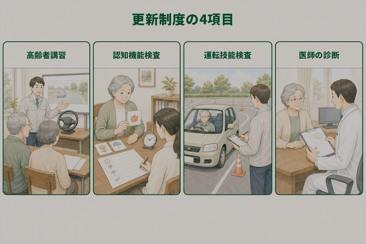 高齢者講習と認知機能検査、運転技能検査、医師の診断を並べた図解