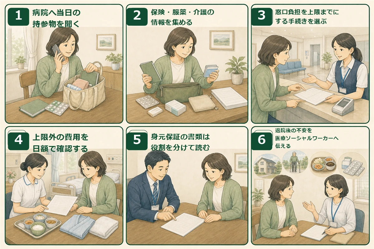 病院受付への連絡から退院後の相談までを6つの場面で順に示した図解