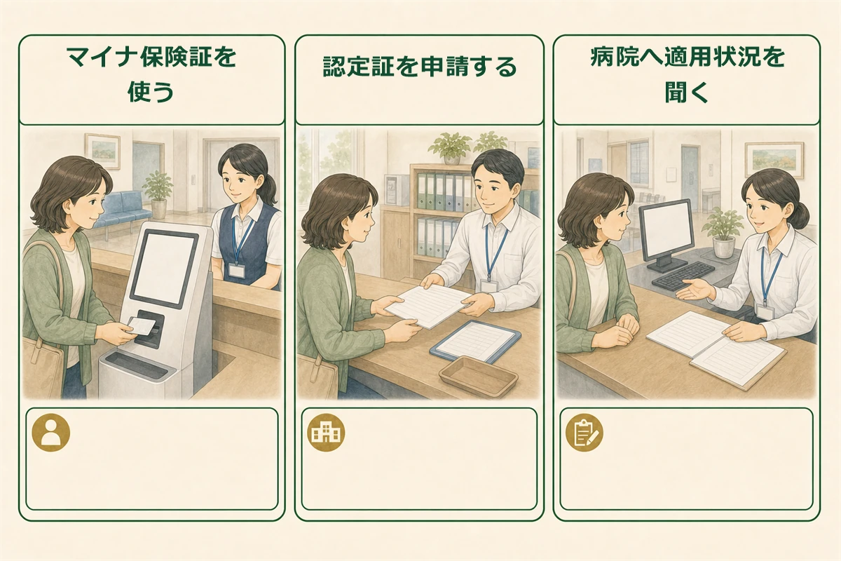 窓口負担を抑えるため保険証、認定証、病院への確認方法を並べた図解