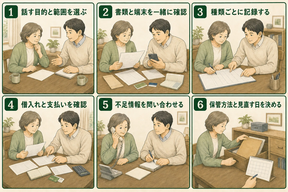 親子が書類と端末を確認し所在表の保管まで進める6手順の図解