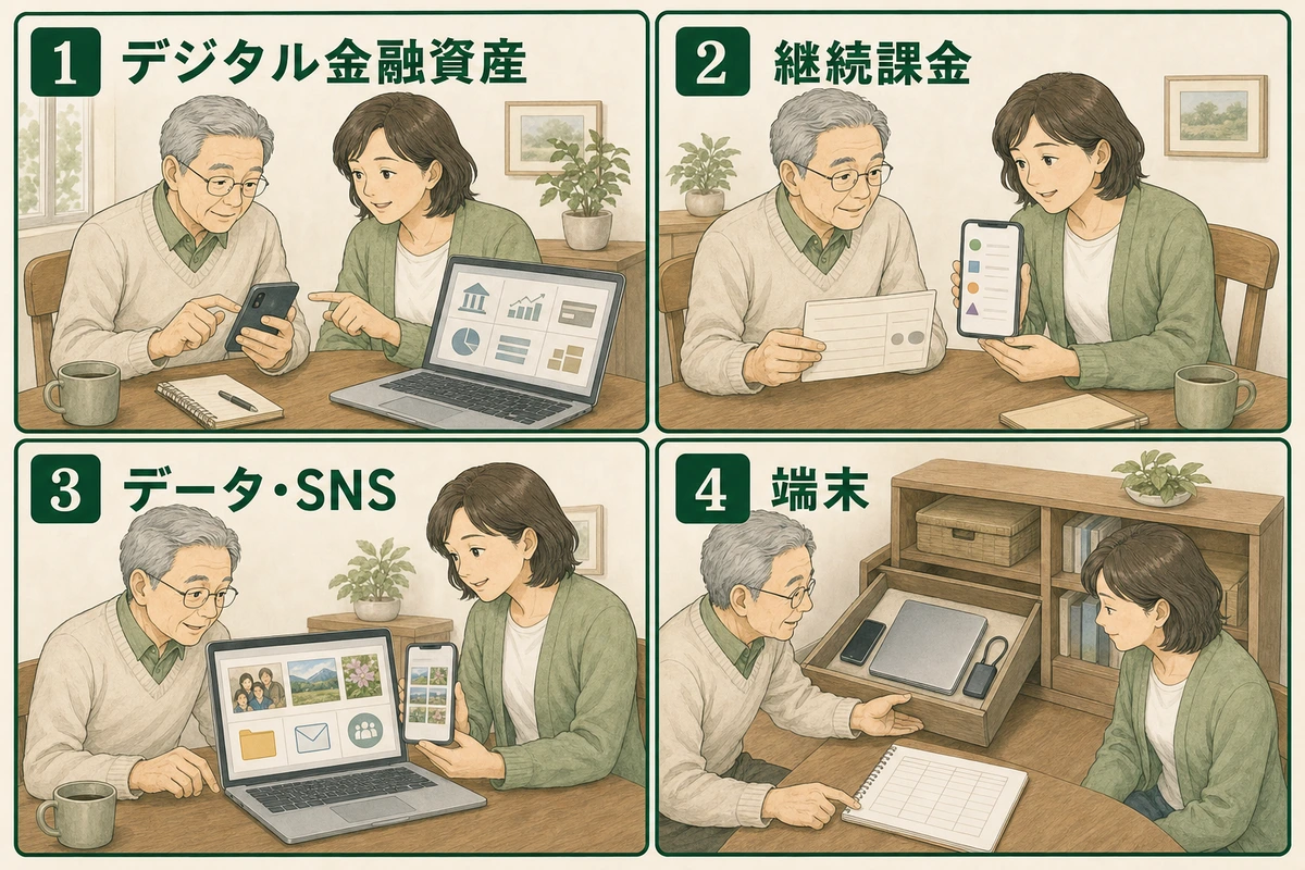 デジタル金融資産、継続課金、データ・SNS、端末の確認項目を示す図解