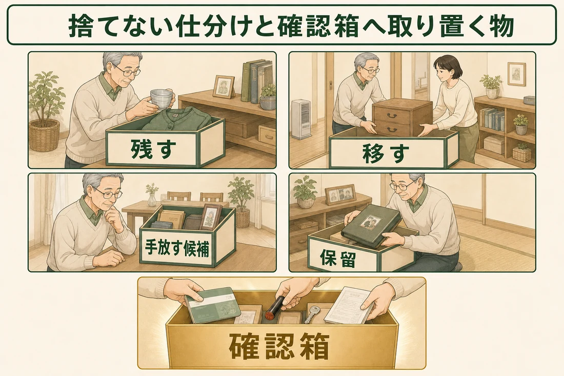 残す、移す、手放す候補、保留の4分類と確認箱を親子の場面で示す図解