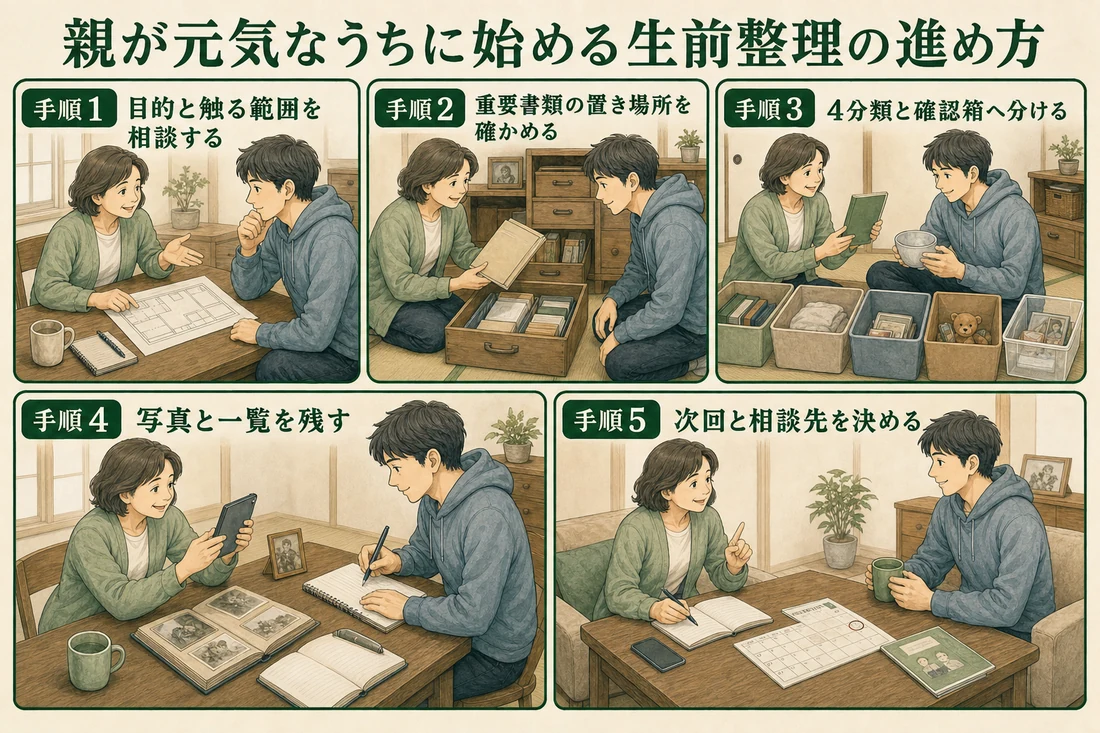 親子が生前整理を手順1から手順5まで進める場面の図解