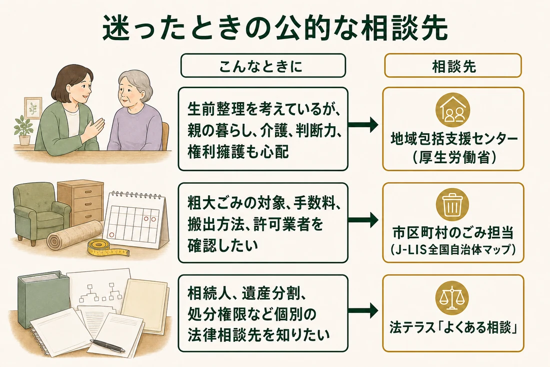 生前整理、ごみの処分、相続の悩みを公的な相談先へ振り分ける場面型分類図