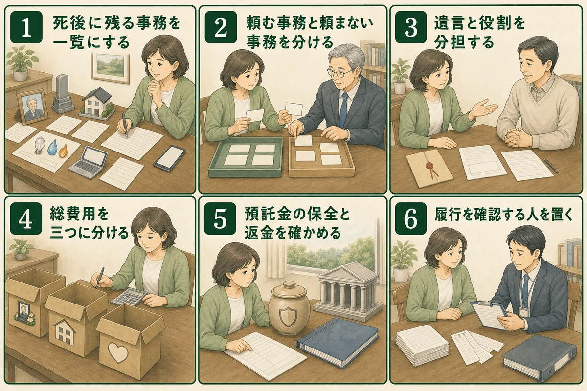 死後事務を一覧化し役割分担と費用・預託金・履行確認へ進む6手順の図解