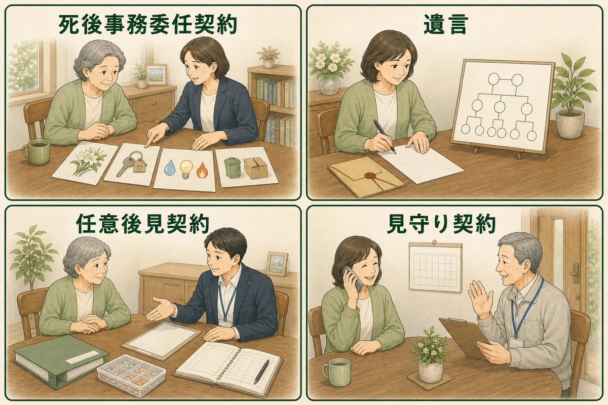 死後事務委任契約・遺言・任意後見契約・見守り契約の役割を並べた比較図