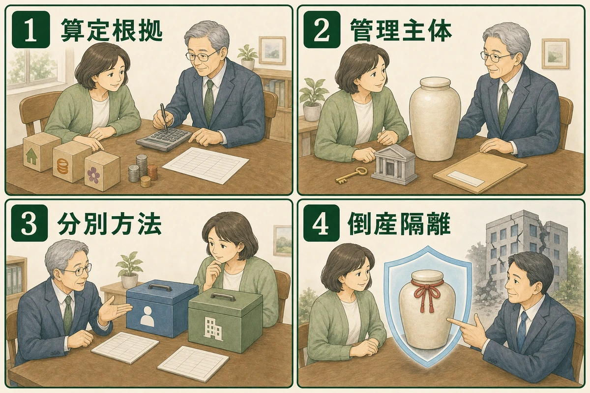 預託金の算定根拠・管理主体・分別方法・倒産隔離を4枠で示した確認図