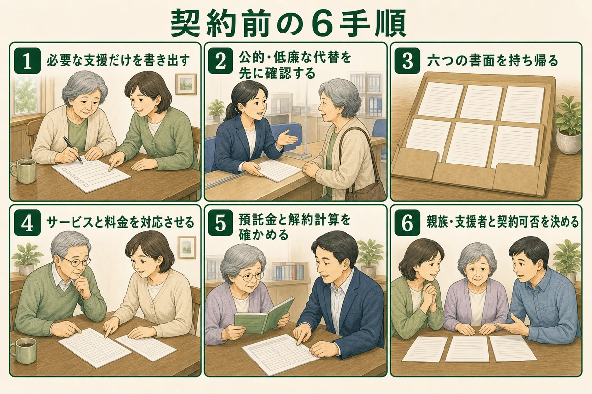 必要な支援の整理から第三者との契約判断までを6手順で示す図解