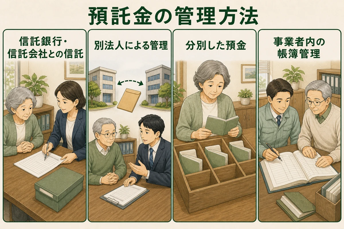 預託金の信託、別法人、分別預金、帳簿管理を四つの枠で比べる図解