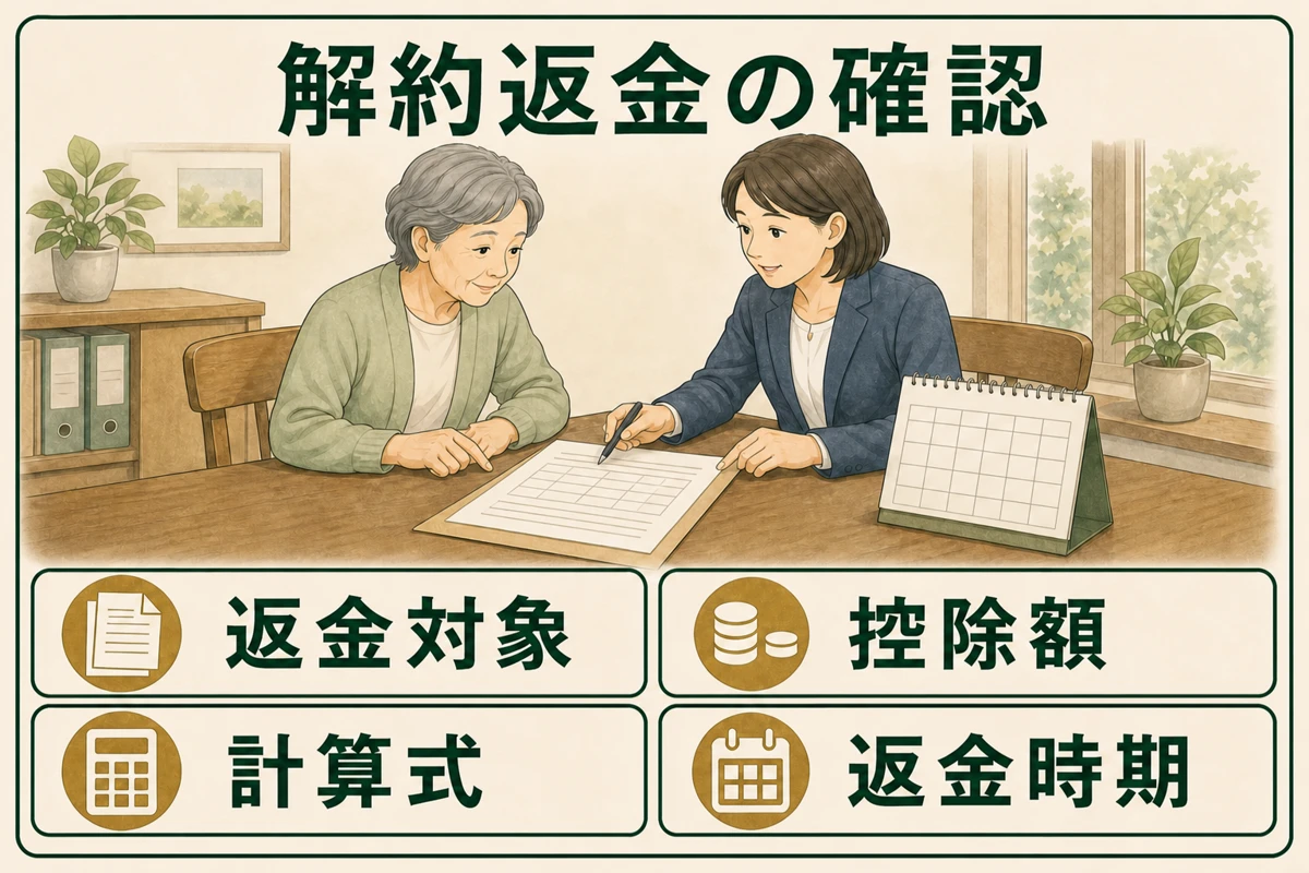 返金対象、控除額、計算式、返金時期を日本人高齢者と書類で示す図解