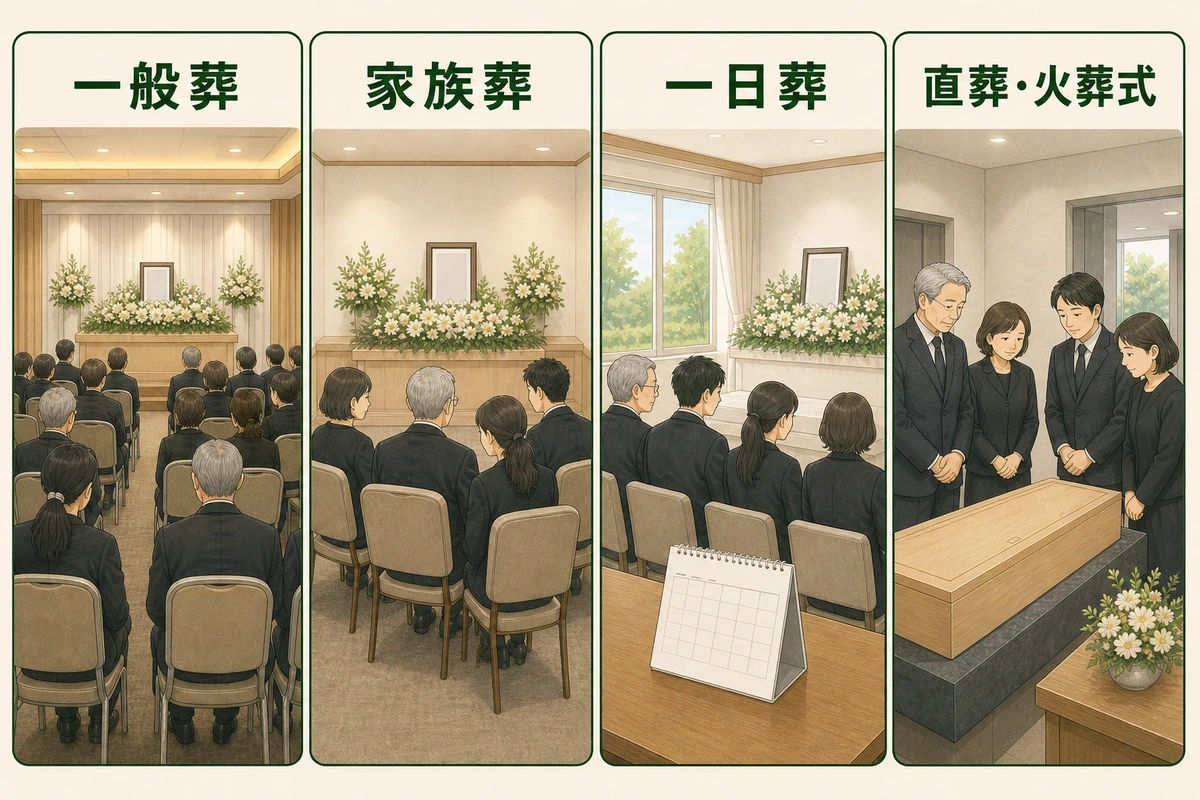 一般葬、家族葬、一日葬、直葬・火葬式の場面を並べた比較図