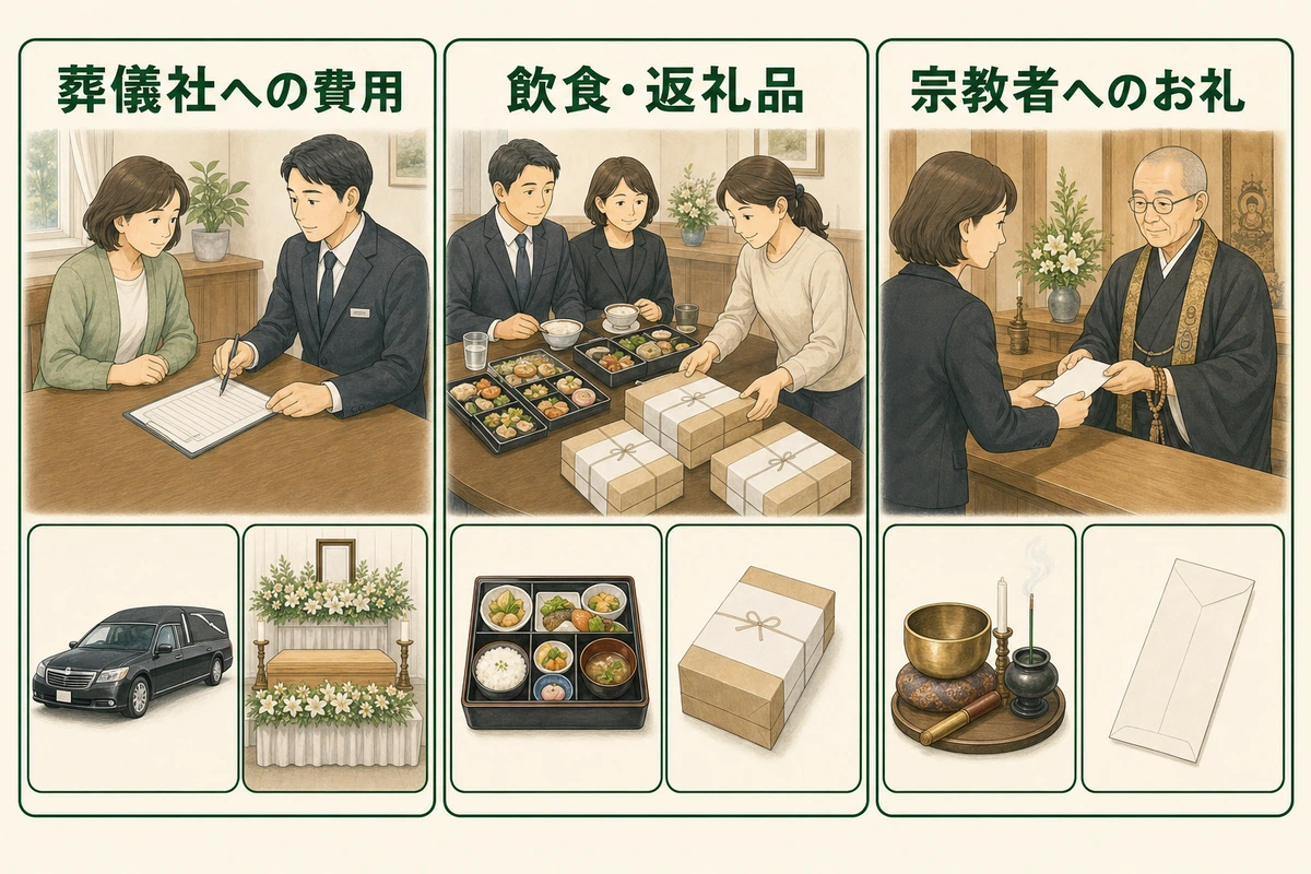 葬儀社への費用、飲食と返礼品、宗教者へのお礼を分けた図解