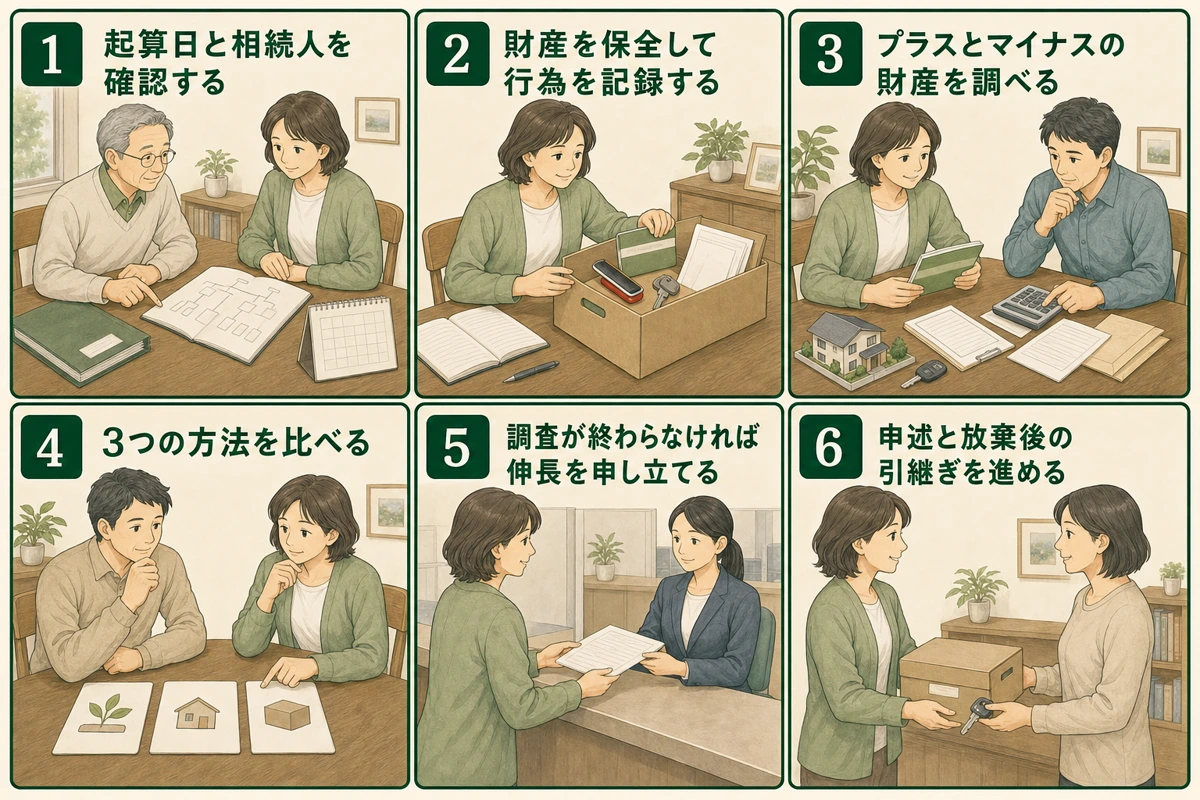 相続人の確認から財産調査、申述後の引継ぎまでを6段階で描いた図解