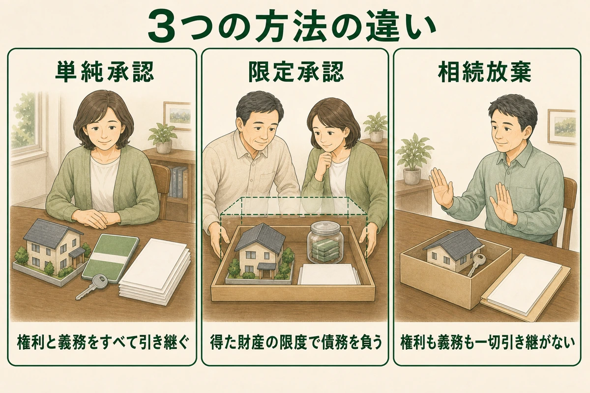 単純承認・限定承認・相続放棄の引継ぎ方を人物と財産で比べた図解