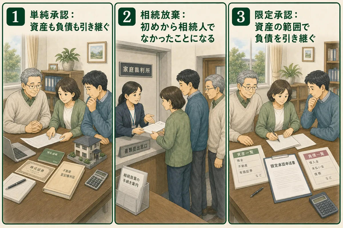 単純承認・相続放棄・限定承認を人物と書類で並べて比べる図解
