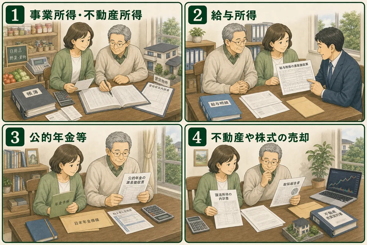 準確定申告の要否を確かめる所得資料4項目を人物と書類で示す図解
