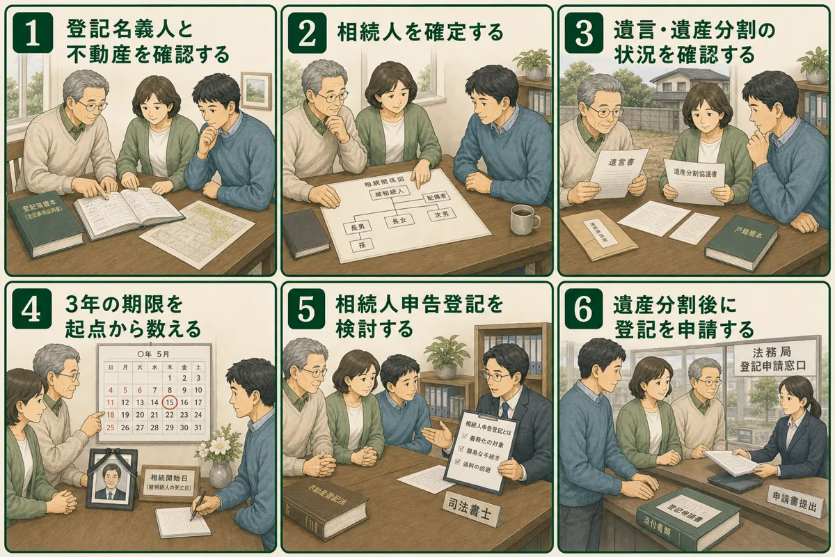 土地建物の名義確認から分割後の所有権移転登記までを6手順で示す図