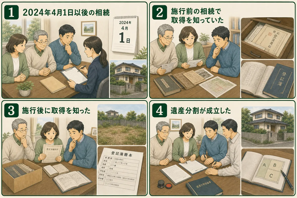 相続開始や取得を知った時期と遺産分割成立の4ケースを並べた図