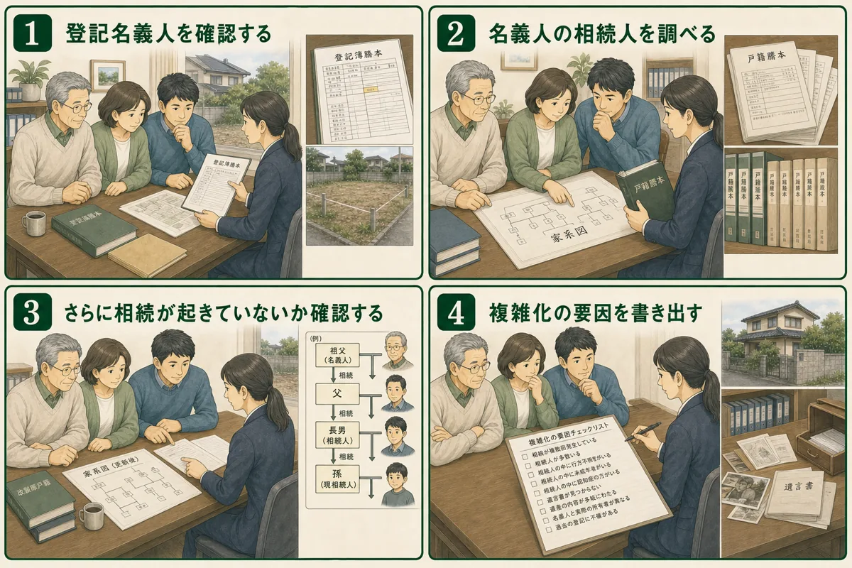 祖父母名義や数次相続、連絡先不明、未登記建物の確認場面を示す図