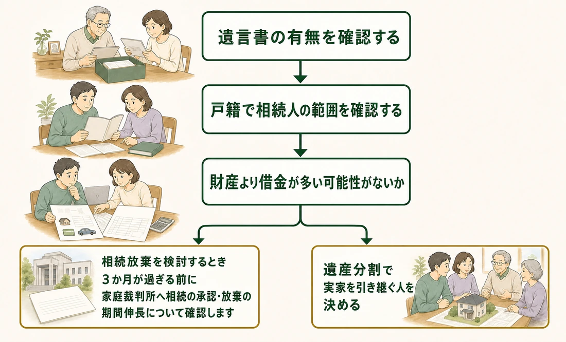 遺言書と相続人、財産と借金を確認し、相続放棄の検討または遺産分割へ進む判断フロー