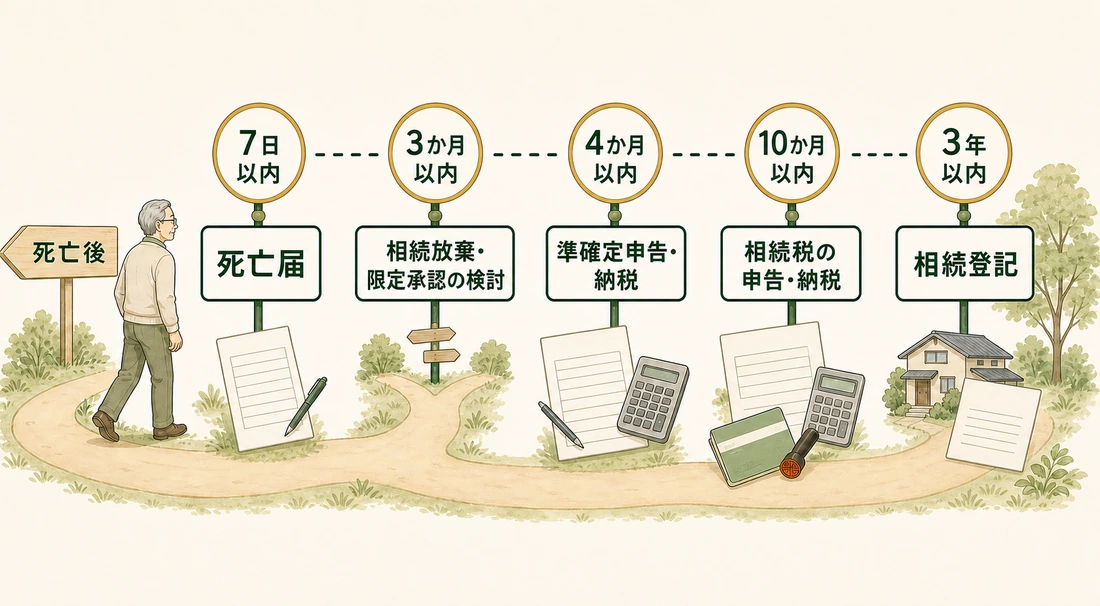 死亡後の7日以内・3か月以内・4か月以内・10か月以内・3年以内の手続きを並べた時系列図