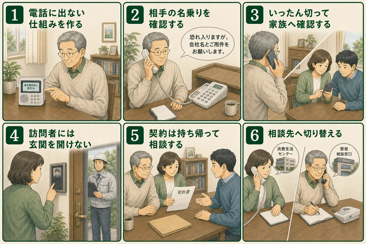 固定電話の設定から相談先の切替まで家族で進める六つの対策を描いた図
