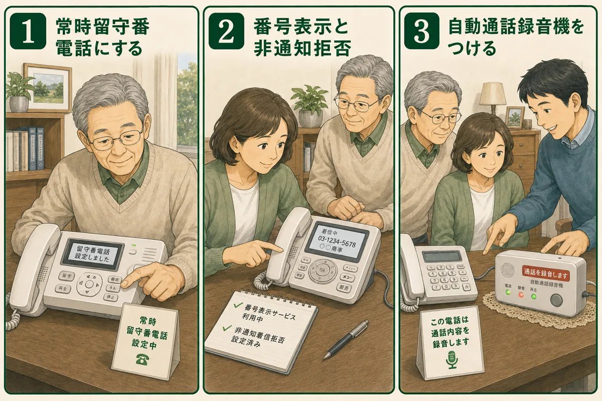 高齢者の固定電話を守る三つの設定と家族が確認する場面を描いた図