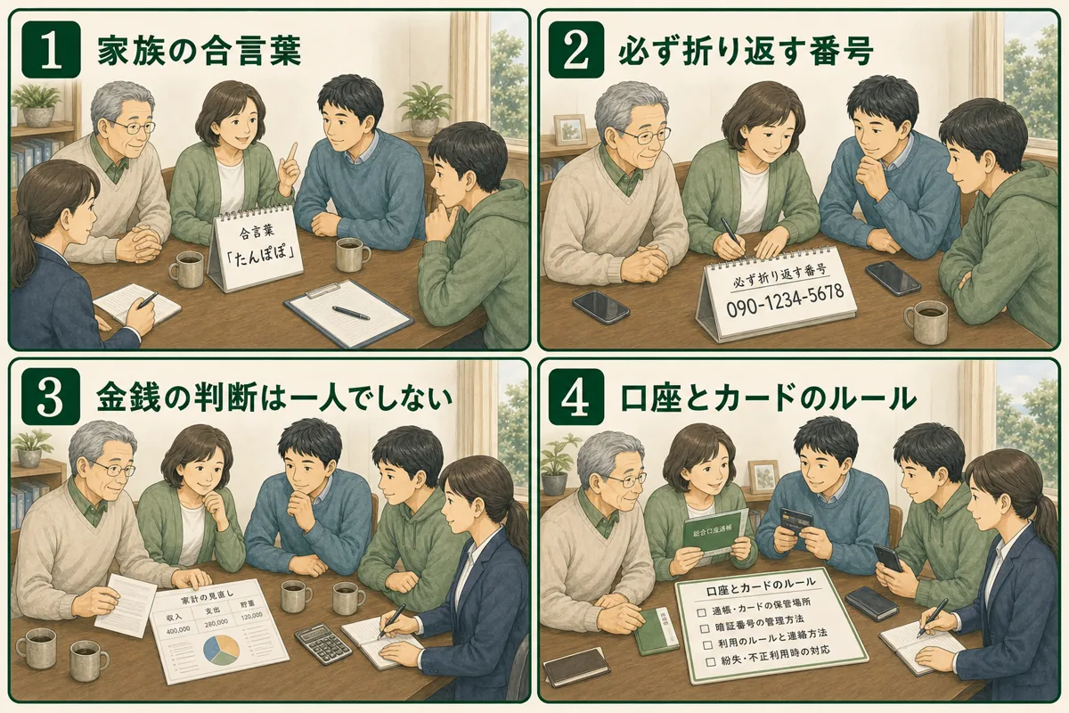 高齢の親と家族が合言葉や折り返しなど四つのルールを確認する図