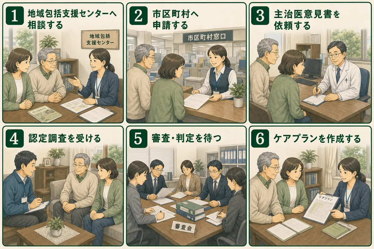 相談から申請、調査、判定、ケアプラン作成までを6場面で示す図解