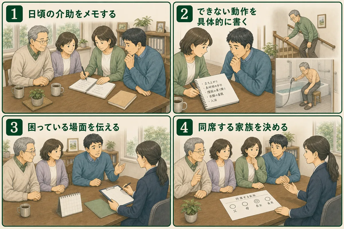 移動、食事、排せつ、服薬で家族が介助する日頃の4場面を並べた図解