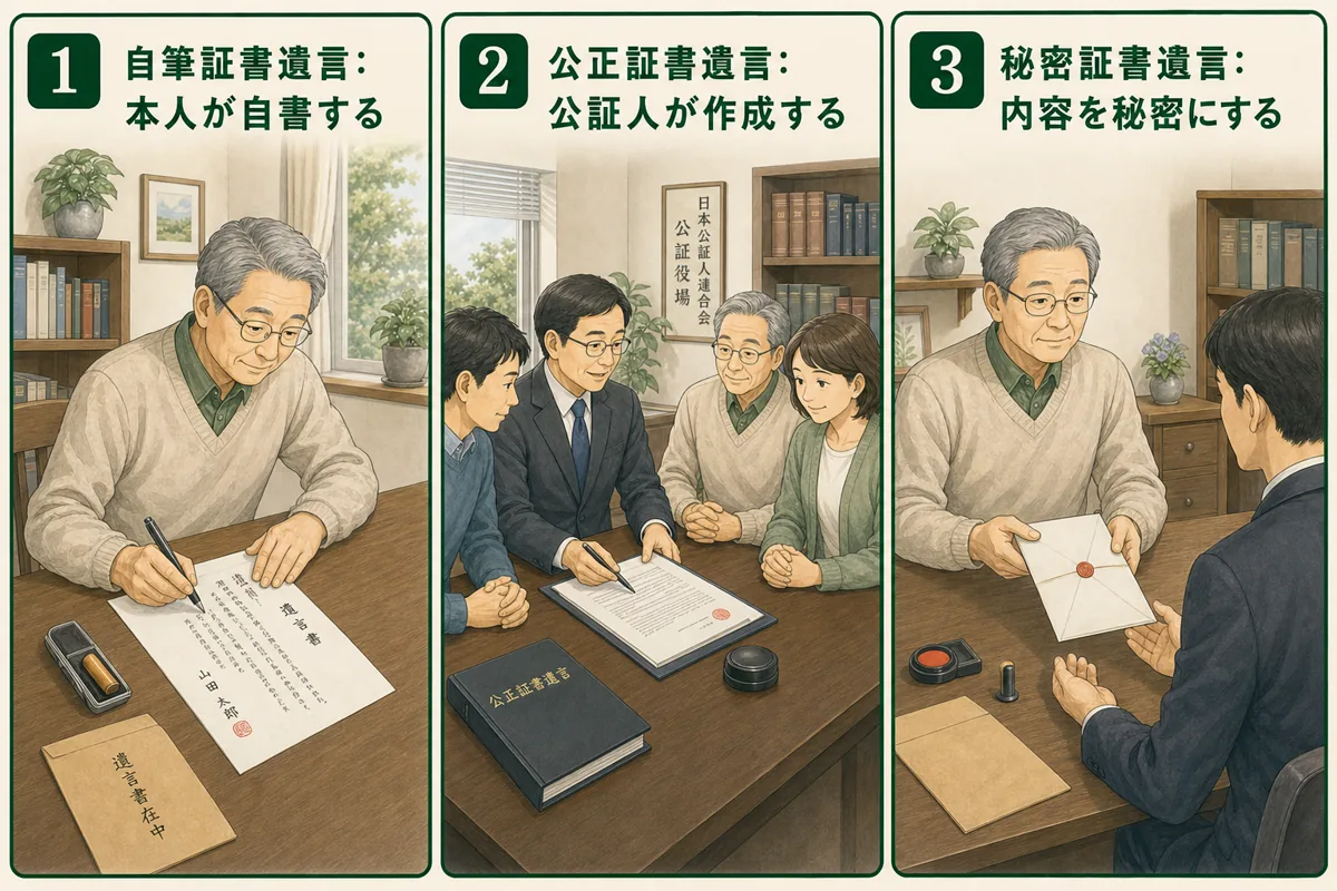 親に合う自筆・公正・秘密証書遺言の作成場面を3列で比較した図解