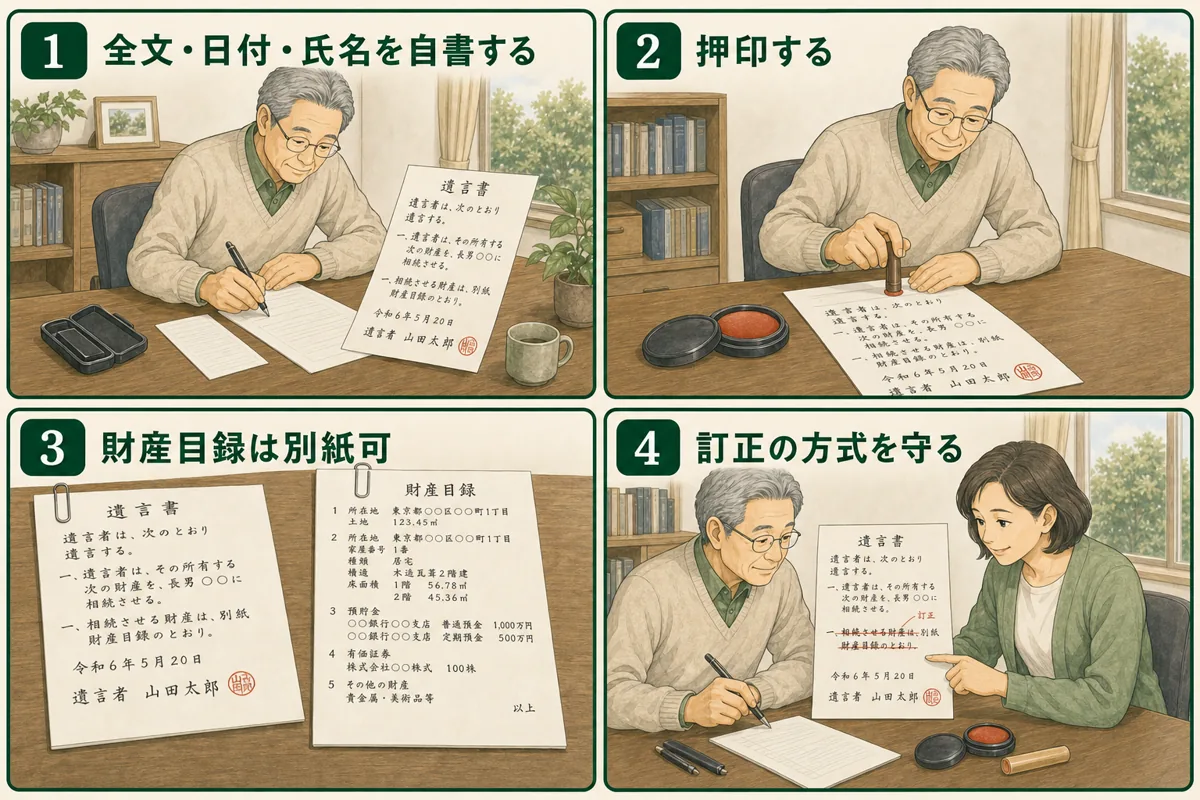 作成日、氏名と押印、受け取る人、財産表示を4場面で確認する図解