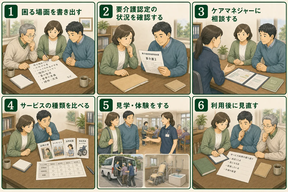 在宅介護サービスを選び利用後に見直すまでの6手順を描いた図解