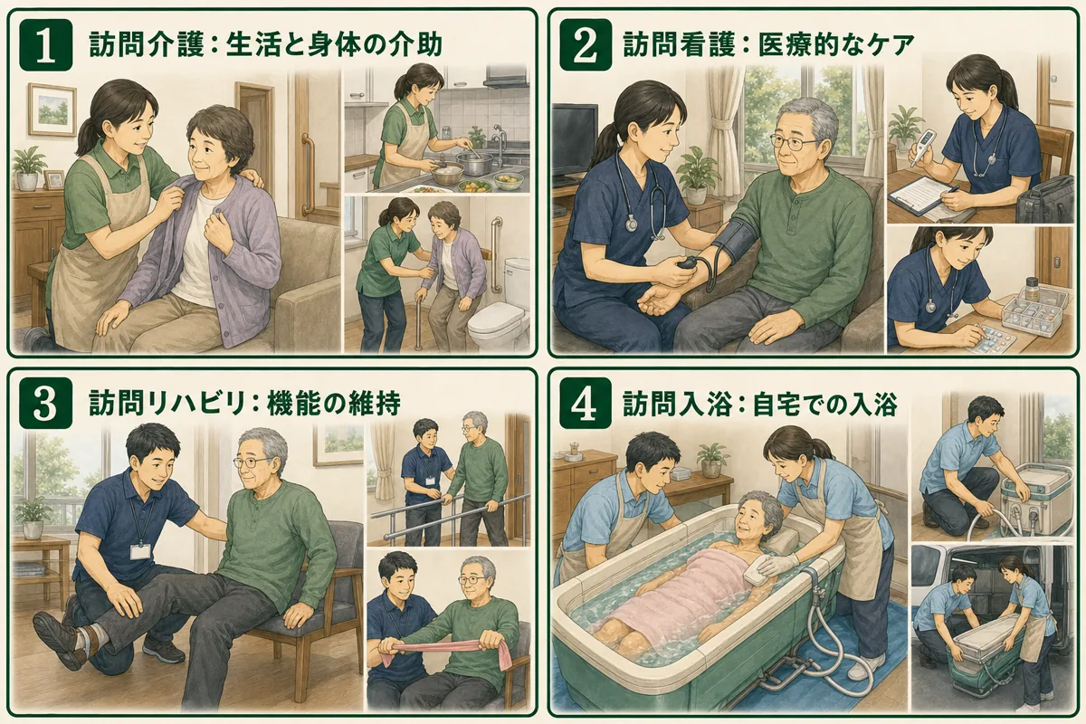 訪問介護・訪問看護・訪問リハビリ・訪問入浴介護の場面を並べた図解