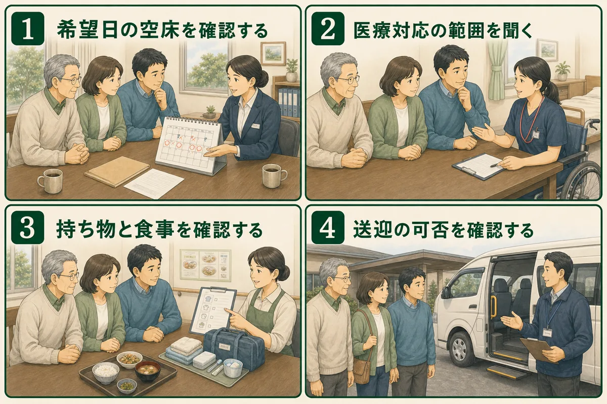 ショートステイの希望日、空床、医療対応を家族と専門職が確認する図解