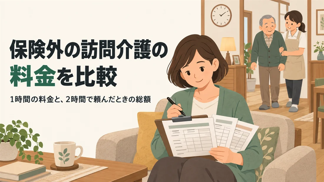 親の家でヘルパーの料金表を3つ見比べる娘のイラスト