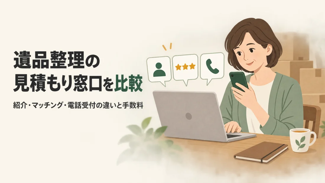 ノートパソコンとスマートフォンで3つの見積もり窓口を見比べる娘のイラスト