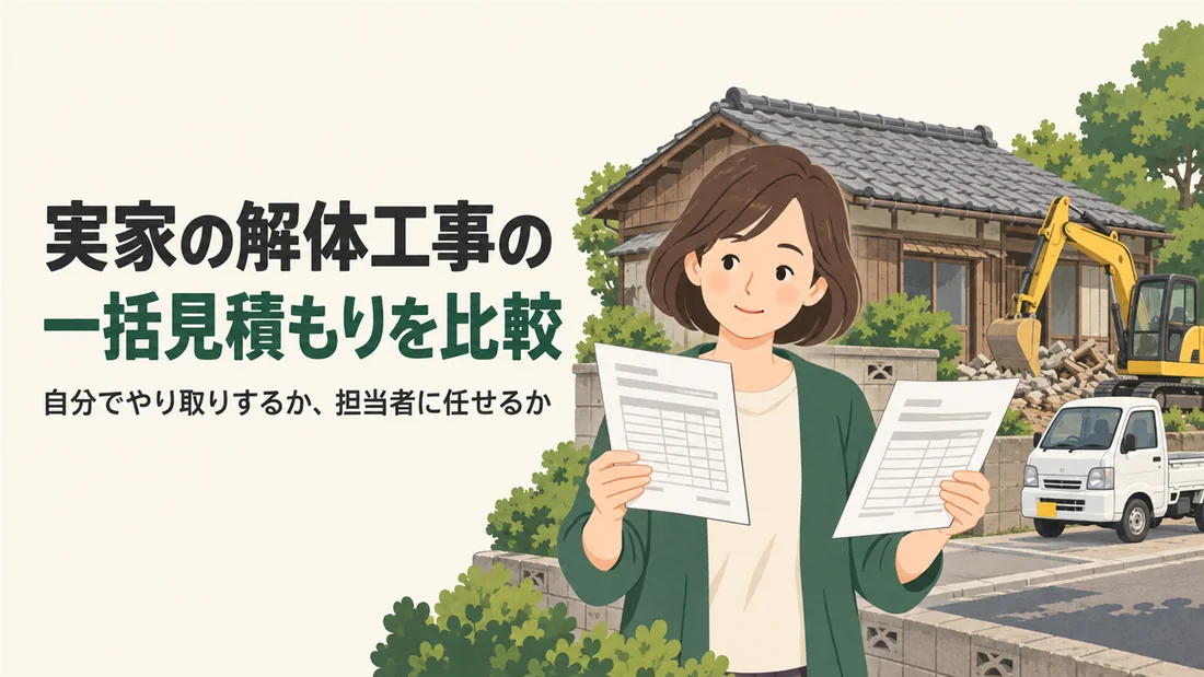古い実家の前で2つの見積もりの進め方を見比べる娘のイラスト