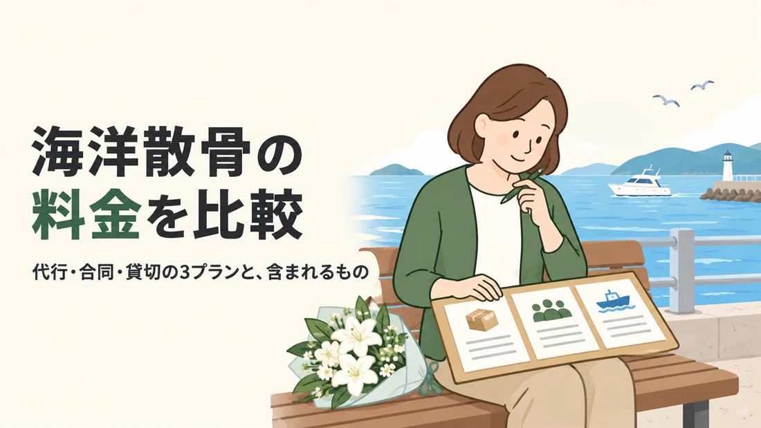 海の見える港で3つのプラン表を見比べる娘のイラスト