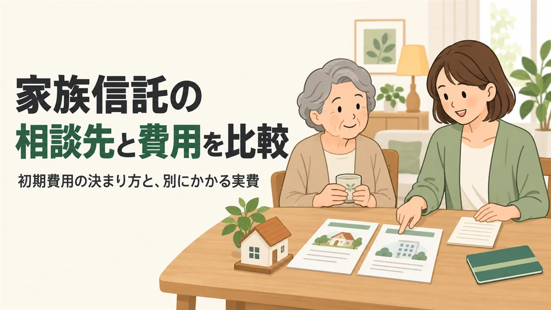 親と子が並んで家族信託の相談先の資料を見比べるイラスト